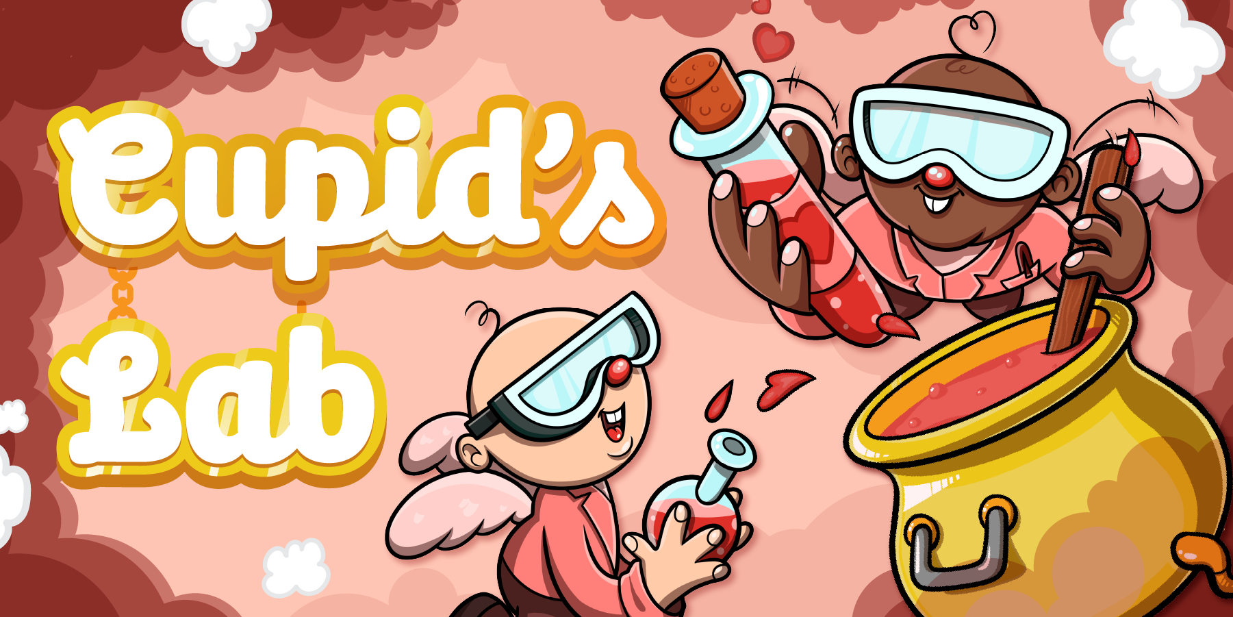 Two cupids mixing a cauldron and making pouring the love potion into bottles