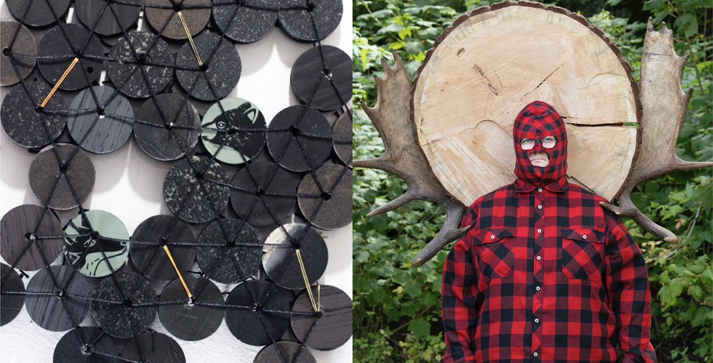 Side by side of a person in a checkered, flannel patterned shirt and black circles.