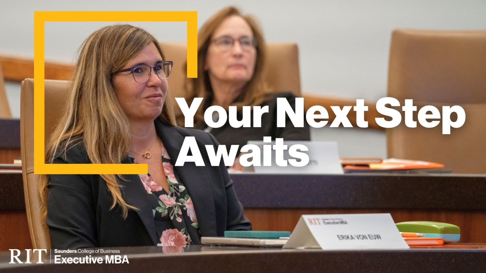 image of a woman in a classroom with text on the graphic that says Your Next Step Awaits