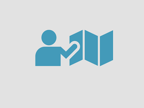 Blue "person pointing to map" on grey background