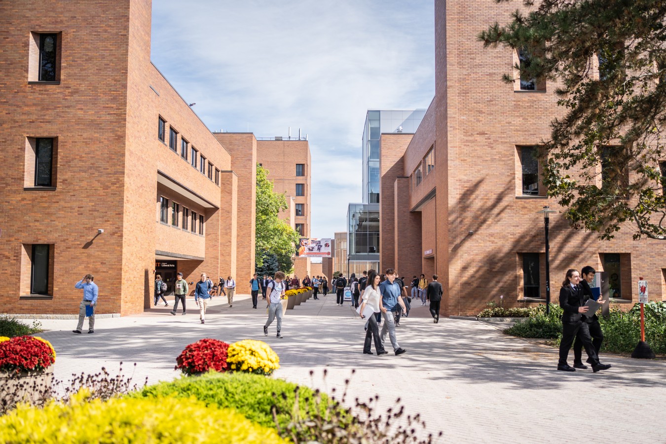 view of students walking across campus