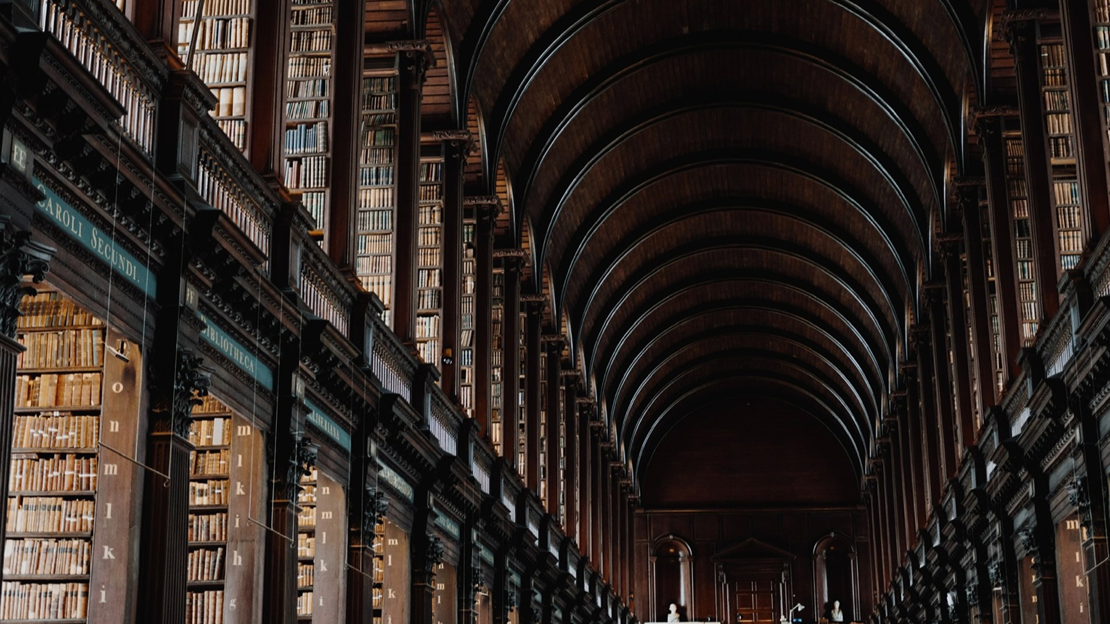 Interior of a grand library with towering wooden bookshelves on either side, an arched ceiling, and a central walkway leading to a bright window at the end.