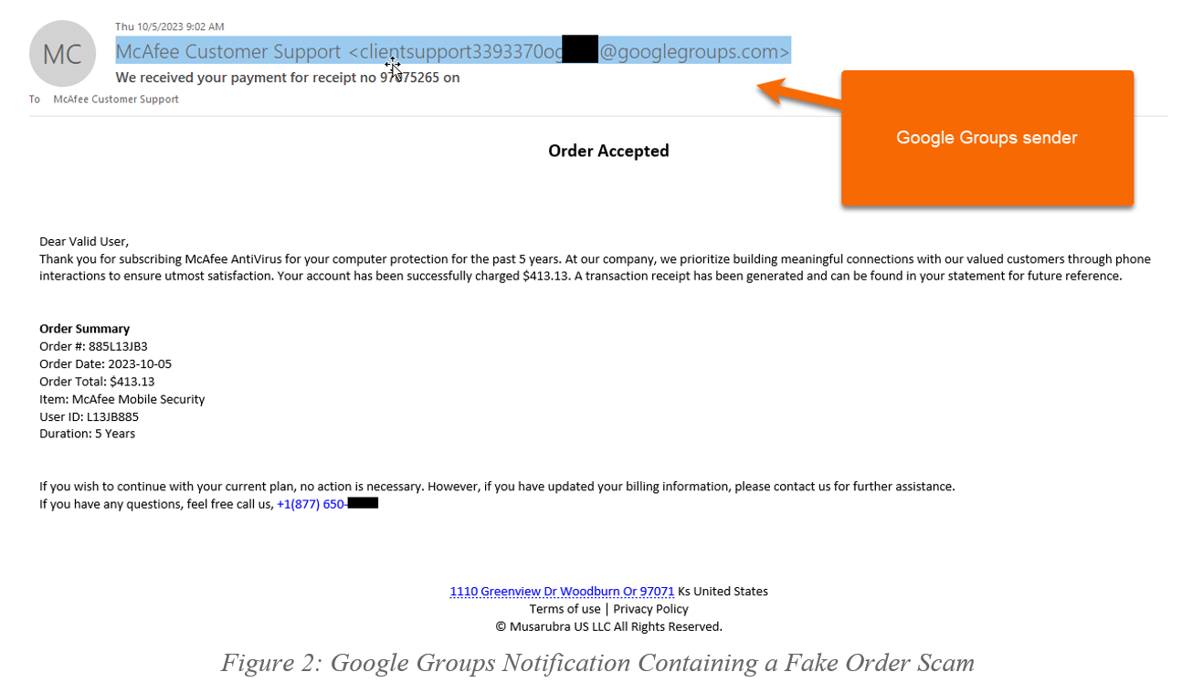 Figure 2 - GoogleGroups Notification Containing a Fake Order Scam