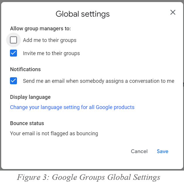 Figure showing GoogleGroups global settings to unselect "add me to their groups"