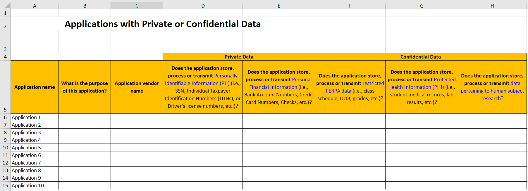 Tab 4 from the Information Access and Protection Plan Inventory Template 2019; Applications with Private or Confidential Data