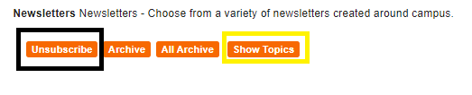 Snapshot of Subscription Center Newsletter subsection highlighting the Unsubscribe and Shot Topics options