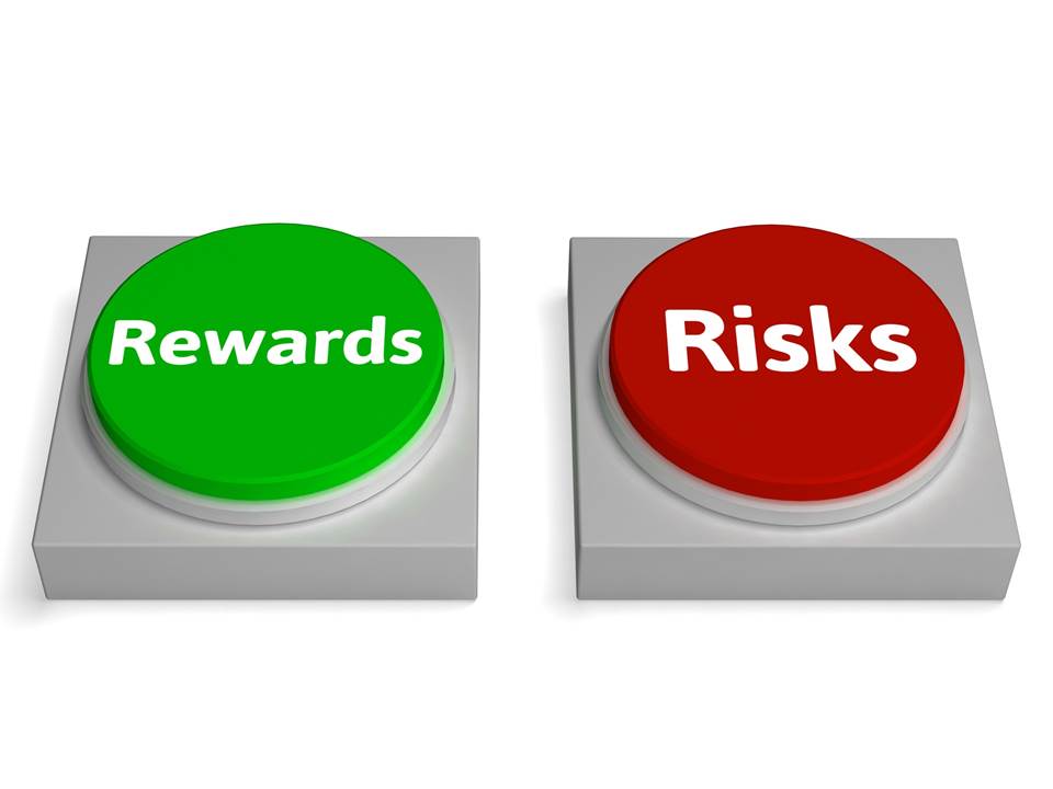 Two buttons, a green one reading "Rewards" and a red one reading "Risks."