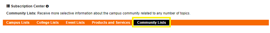 Snapshot of Subscription Center heading highlighting Community Lists option