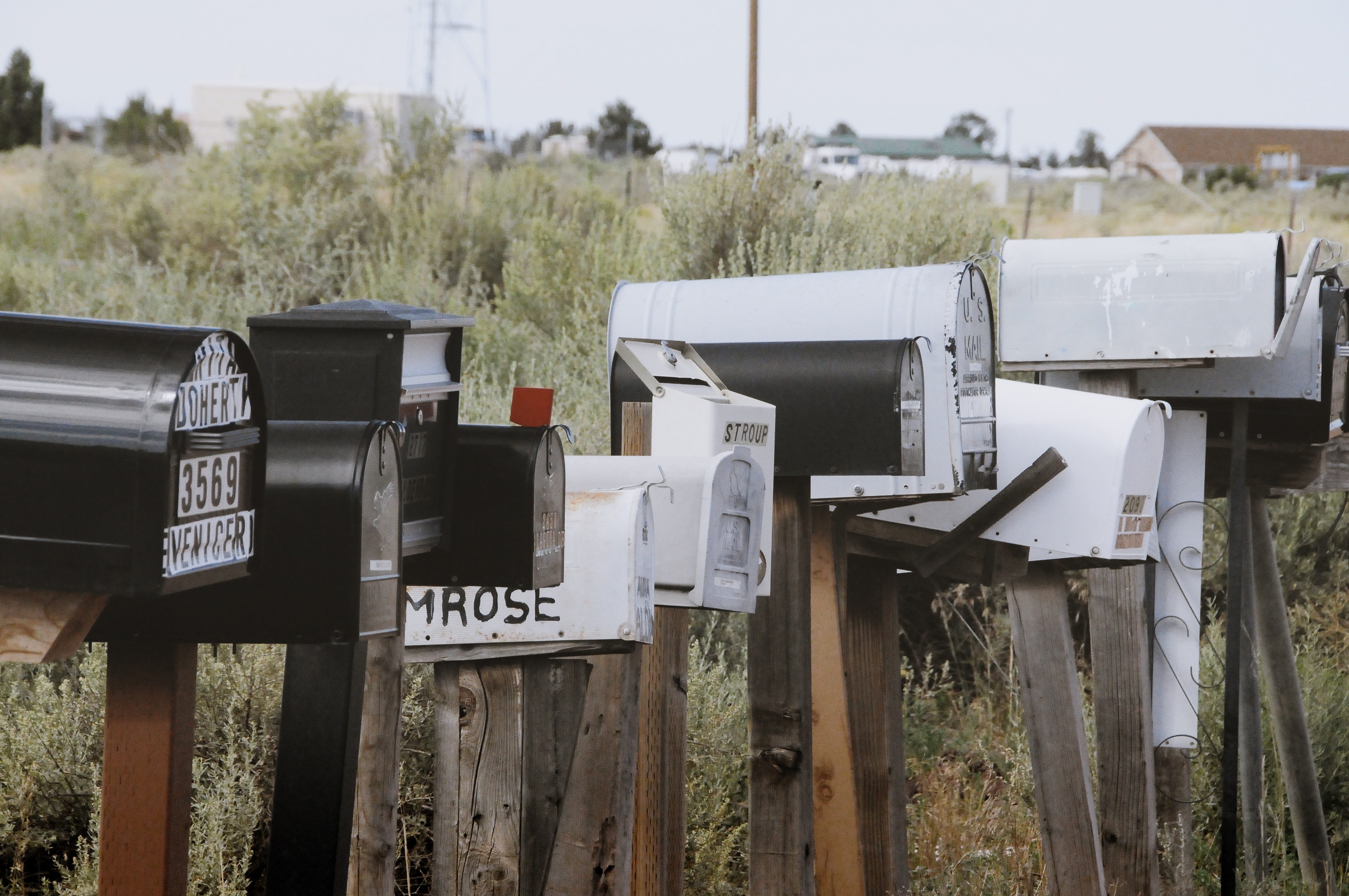 A line of mailboxes on the side of a road, with a backdrop of tall grass
