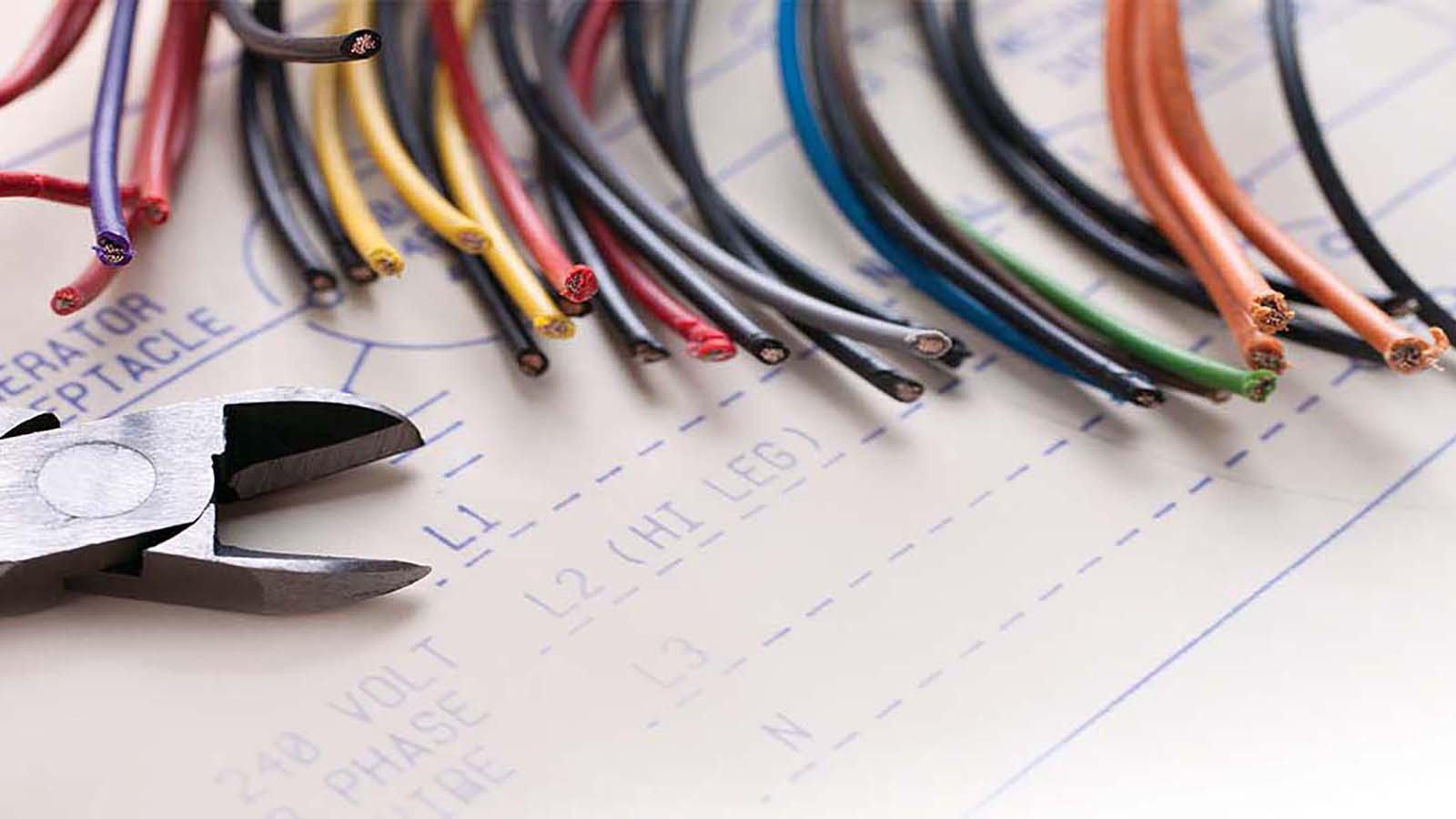 A close-up image of wire cutters and multicolored electrical wires on a schematic diagram.