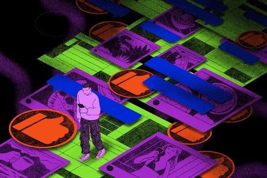 Graphic illustration of man looking at phone while walking on collage of social media posts.