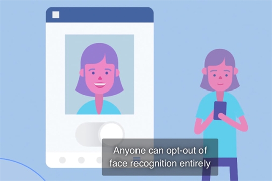 Illustration of woman viewing Facebook profile with a caption that says, "Anyone can opt-out of face recognition entirely"