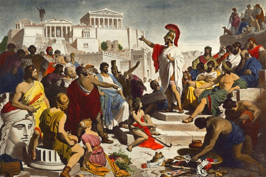 Pericles gives a speech to a crowd in ancient Athens.