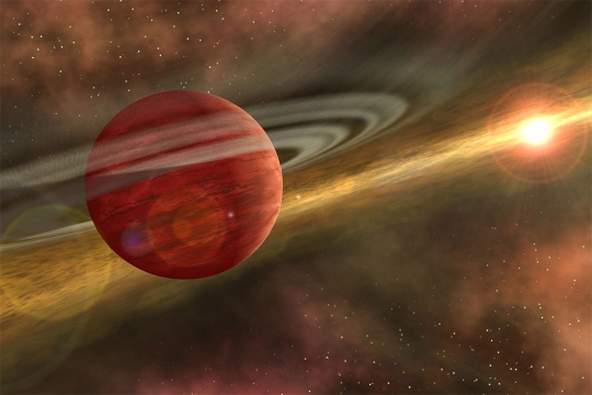 rendering of planet in space in foreground and sun in the background.