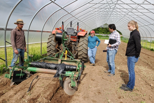 farmers and researchers in greenhouse using tractor to put down mulch barrier.