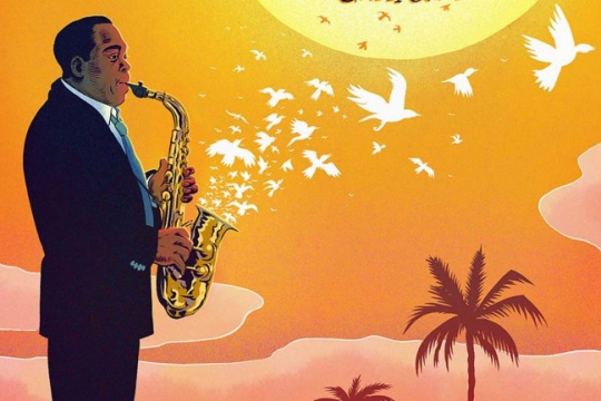 illustration of man playing saxophone that white birds are flying out of.