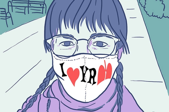 illustration of woman wearing face covering.