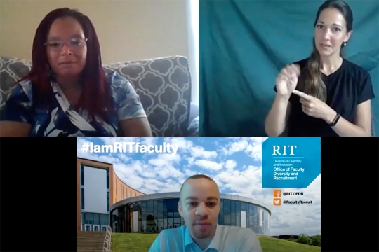 Computer screen photo with images of faculty member, interviewer and interpreter 