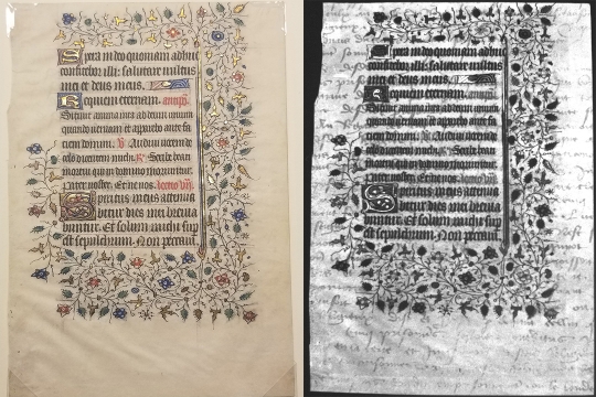 side-by-side images of a 15th-century manuscript, one showing regular text and the other showing text that had been erased.