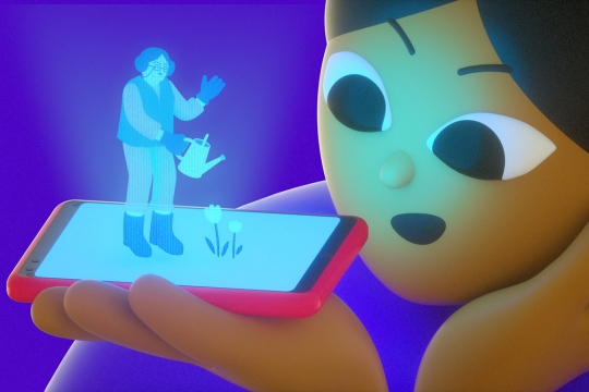 illustration of person looking at a hologram of a woman watering flowers projected by a smartphone.