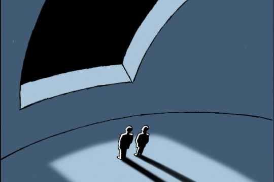 cartoon drawing of two figures looking into the darkness of space.