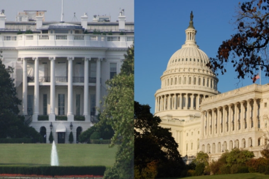 side-by-side images of the White House and the Capitol building.