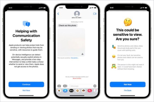 three screenshots demonstrating how Apple alerts users to potentially explicit photos.