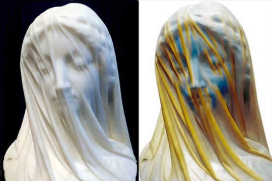 side-by-side images of the Veiled Virgin statue, with the right side color-coding what looks like the veil and what looks like the face.
