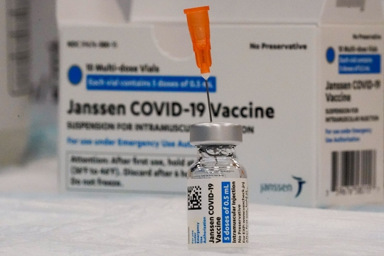 a vial of the Janssen COVID-19 vaccine.
