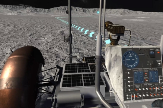 screenshot of virtual reality game of a rover on the moon.
