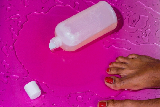 an opened bottle of shampoo on a shower floor.