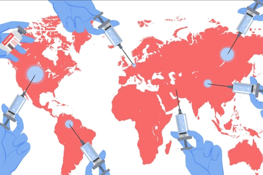 illustration of several hands administering vaccines to the continents. 