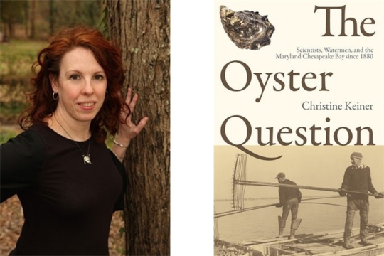 side-by-side images of author Christine Keiner and the cover of her book, The Oyster Question.