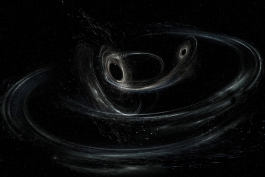 illustration of two black holes spiral around each another before coalescing into one.
