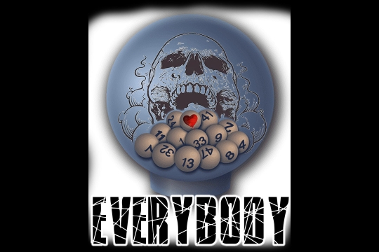 poster for the play Everybody with a skull eating numbered lottery balls.