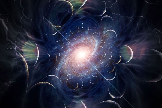 illustration of the milky way galaxy with bubbles of light coming out of the center.