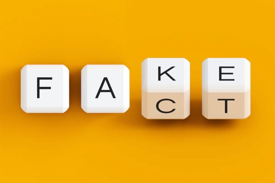 image of dice-shaped figures with letters spelling fake. The last two letters rolling into C and T making it say Fact.