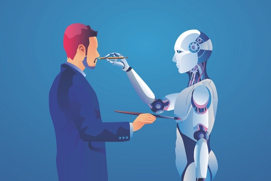 an illustration of a robot drawing a mustache on a man and the man painting the robot's mid section.