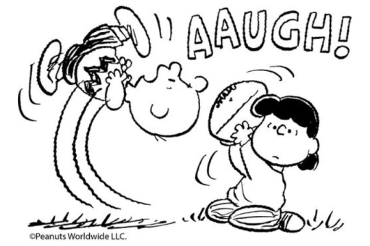 a Peanuts cartoon where Lucy has pulled the football away from Charlie Brown as he hollers and flies into the air.