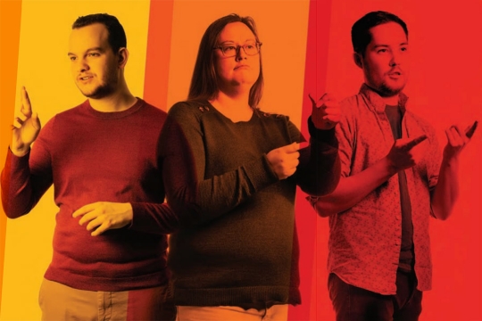 three college students using American Sign Language with a yellow, orange, and red overlay.