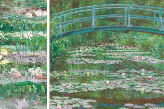 zoomed out and zoomed in parts of a painting of a bridge over a pond called The Japanese Footbridge by Claude Monet