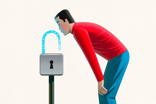 illustration of a man drinking from a water fountain that is a lock with the latch released.