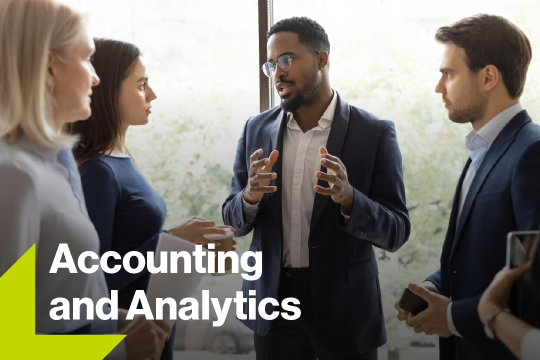 Photo of students with text that says accounting and analytics