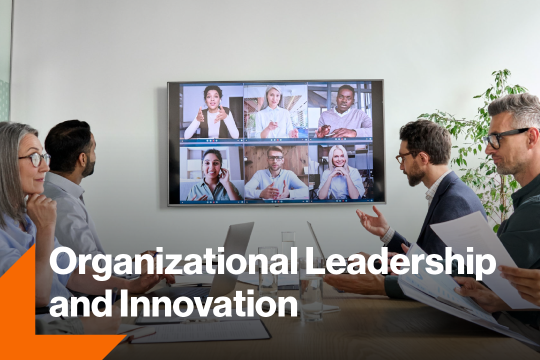 Photo of students with organizational leadership and innovation text