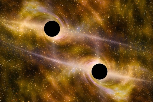 two black holes in space surrounded by swirls of gold stars.