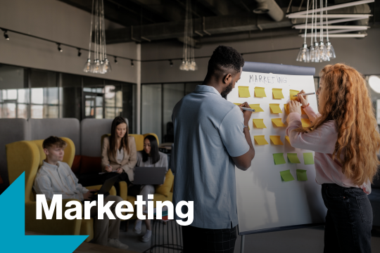 Photo of students with marketing text