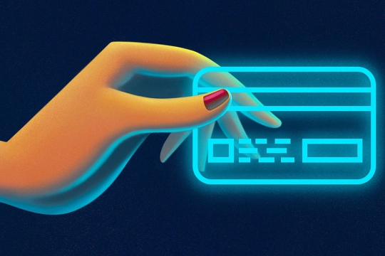 illustration of a woman's hand holding a credit card outlined in glowing blue.