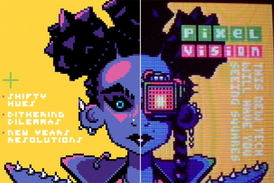 A pixel art digital painting of a girl with a bionic eye. On the right, a crisp, boxy look with no smooth edges. On the left, a smoother, brighter finish.