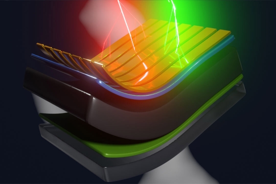 a computer generated schematic image of radiation beams hitting a perovskite cell.
