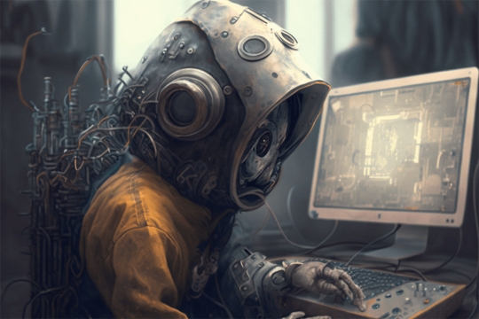 a dystopian style illustration of a person wearing antique scuba gear using a computer-like device.